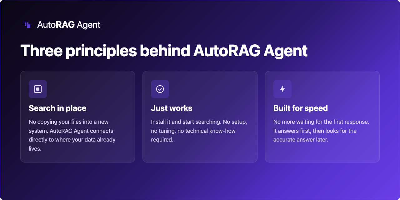 AutoRAG Agent의 세 가지 원칙: Search in place, Just works, Built for speed